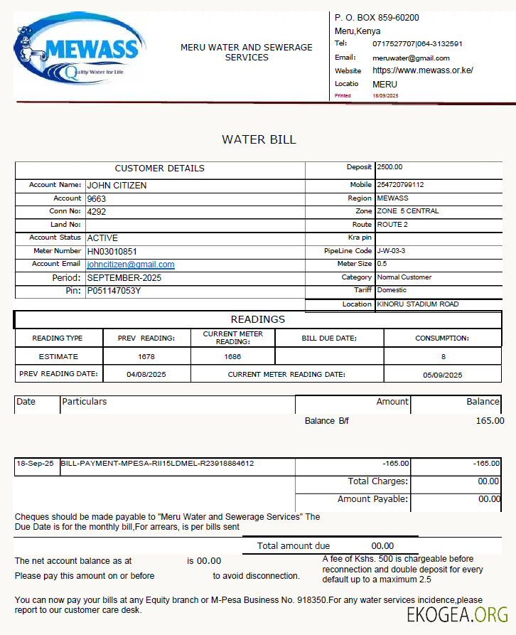 Kenya Meru Water and Sewerage Services utility bill template in Word and PDF formats